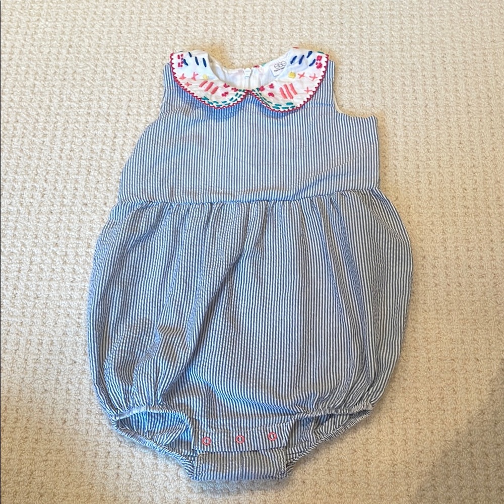 Blue Striped Baby Romper with Floral Collar